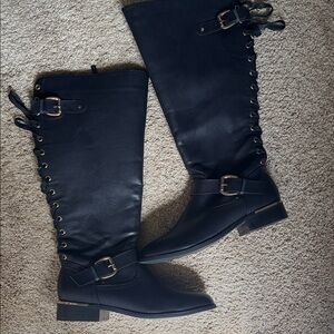Wanted Black Lace-Up Knee-High Riding Boots with Buckle Accents